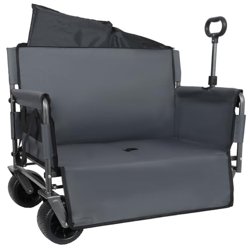 Image of 3-in-1 Convertible Folding Wagon Cart with Bench Seat & Storage - 500lbs Heavy-Duty Utility Wagon, 180L Capacity All-Terrain Wheels for Camping, Beach, Sports, Garden (Grey)
