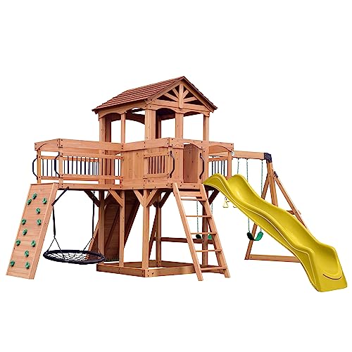 Backyard Discovery Sterling Point All Cedar Wooden Swing Set, Raised Clubhouse, Yellow Wave Slide, Web Swing, Climbing Wall, 10ft Wave Slide, 2 Belt Swings, Front Porch, Bridge