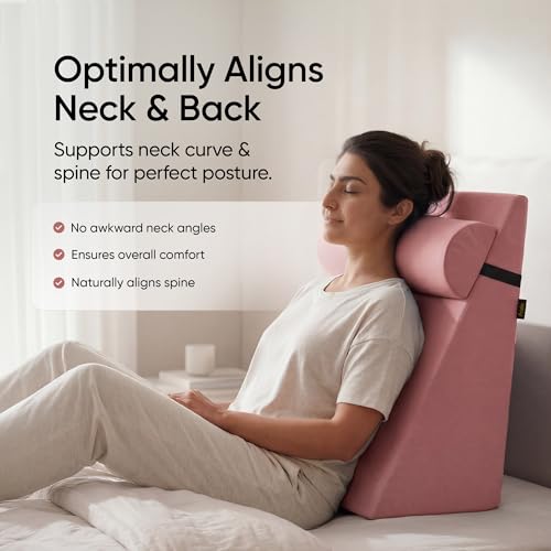Image of Frido Wedge Plus Cushion with Neck Rest Pillow Combo | Dual Foam Wedge Cushion with Adjustable Roll | Back, Neck, Knee & Leg Support | for Post-Surgery, Pregnancy | Washable Covers, Blush Pink