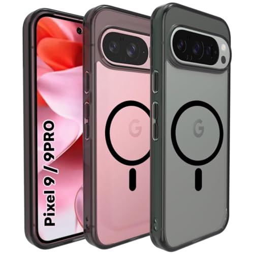 Image of RIGGEAR Shockproof Clear Hybrid Armor Magnetic Back Cover Case Compatible with MagSafe Accessories for Google Pixel 9 / Pixel 9 Pro (Clear-Black Bumper and Transparent PC)