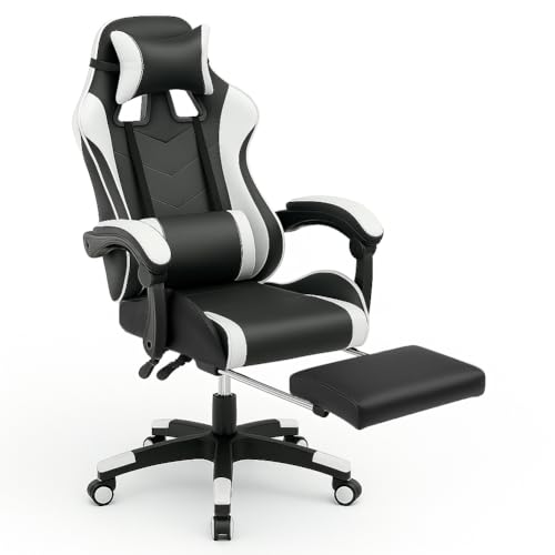 Sedia Poltrona Gaming Scrivana Ufficio Casa in Ecopelle Schienale Reclinabile Cuscino Lombare Poggiatesta Rotazione 360 Gradi Direzionale Altezza Regolabile 5 Ruote con Poggiapiedi (Bianco) - Sedia gaming - Immagine 4