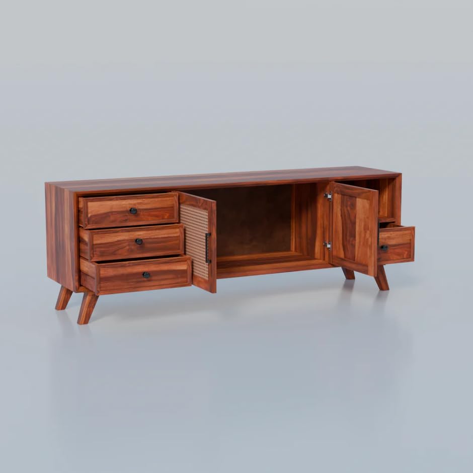 Image of Premium Solid Wood, 10 Minutes Assembly (Legs Only), Aesthetic Rattan Doors, Mid Century Entertainment Center for Living Room, TV Stand for 65 inch TV, Dark Chocolate (Honey TK-27)