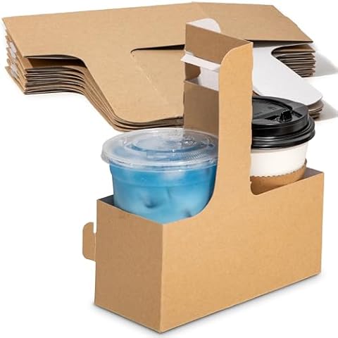 FMP Brands 2 Cup Drink Carrier with Handle, Kraft Paperboard to Go Coffee Cups Holder 12-30 oz for Cold/Hot Drinks, Portable Foldable Drink Carrier for Delivery, Uber Eats, Made in USA-15 Pack Cover