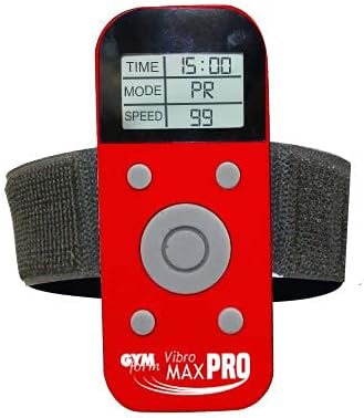 Close-up of the Gymform Vibromax PRO remote control, red with a grey control pad and LCD screen displaying time, mode, and speed.