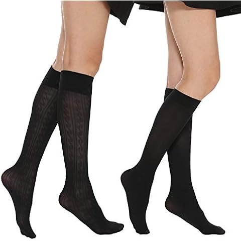 MANZI Women 40D Black Knee High Socks Patterned Pop Socks 6 Pairs Cover