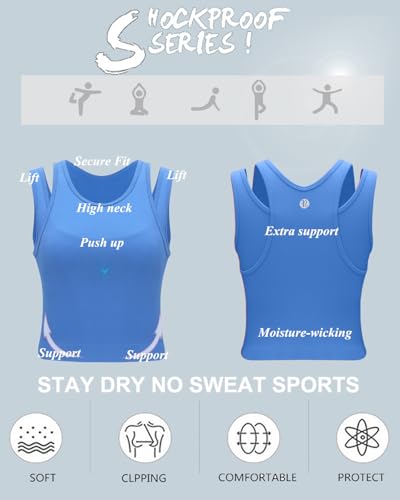 Image of RUNNING GIRL Sports Bras for Women High Impact Seamless Ribbed Longline High Neck Workout Crop Tank Tops Padded(BX3036Bright Blue,M)