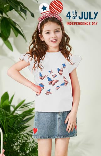 Little Hand Girls 4th of July Shirt Toddler American Flag Shirts USA Flag Tee Kids Patriotic Ruffle Sleeve T-Shirt 2-7 Years3