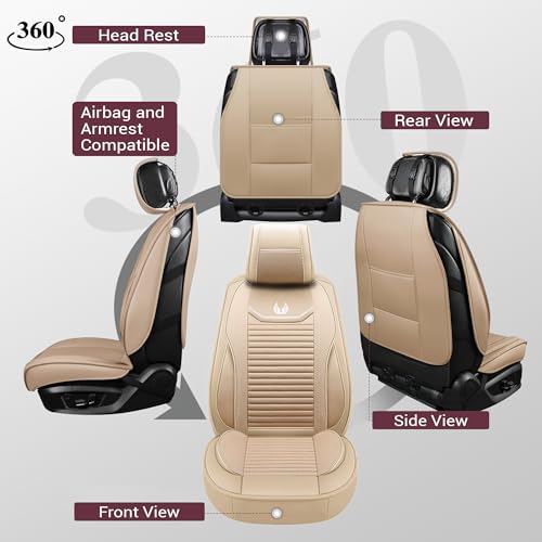 Image of Car Seat Covers Full Set Premium Waterproof Faux Leather Cushion Universal Accessories Fit SUV Truck Sedan Automotive Vehicle Auto Interior Protector (OS-008 Tan)