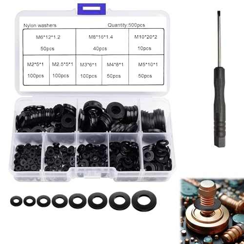 500 Piezas Arandelas Nylon, Arandelas de Plastico Redondas Negro, Arandela Aislante Redondo, Arandela Aislante Separador Surtido Kit, para Plomería de Reparación-M2/M2.5/M3/M4/M5/M6/M8/M10/M12