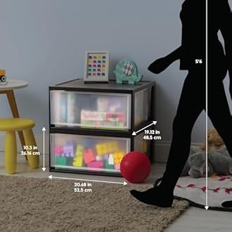 IRIS USA 47 Qt. Plastic Drawer Storage Organizer Stacking Drawers, 2-Pack, Stackable Unit with Sliding Drawer for Clothes Bedroom Kitchen Under Sink Pantry Craft Room Bathroom Dorm Office, Black