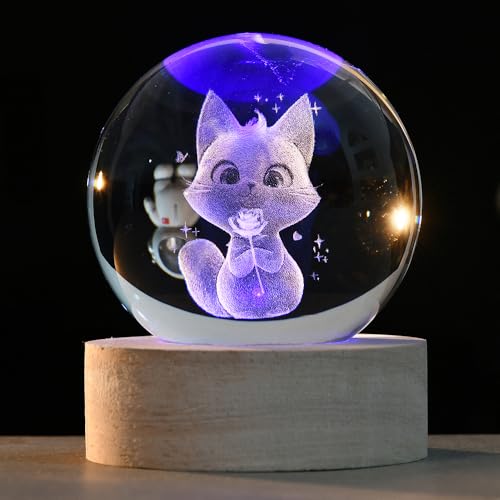 ZRENJHUS 3D Cat Crystal Ball with Light Base 60mm