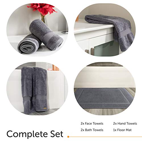 7Pc Luxury Bath Towels Set | 100% Turkish Cotton | Premium Hotel & Spa Quality | Super Soft - Highly Absorbent | 2 Large Bath Towels, 1 Floor Mat, 2 Hand Towels, 2 Washcloths, Silver-Blue Gray #TOP1