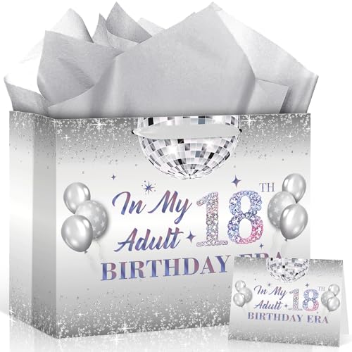 Iridescent 18th Birthday decorations Silver 18th Birthday Gift Bag with Wrapping Paper and Card Large Iridescent 18 Year Old Wrapping Paper Goodie Gift Bag Young Sweet Eighteen Years Old Party Supplies