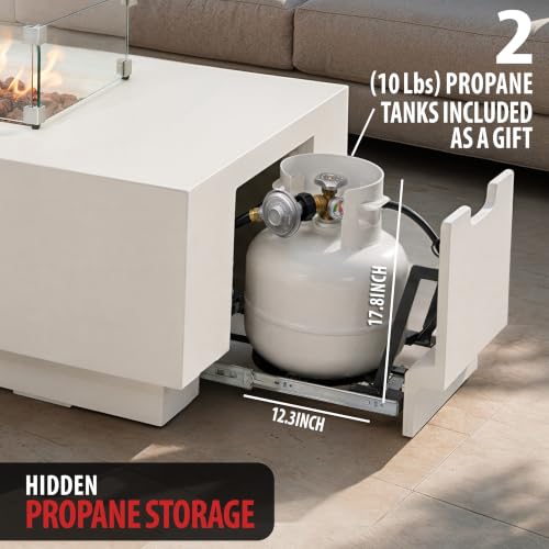 Image of AMS 66 inch Rectangular Concrete Propane Gas Fire Pit Table Bundle, Cream White