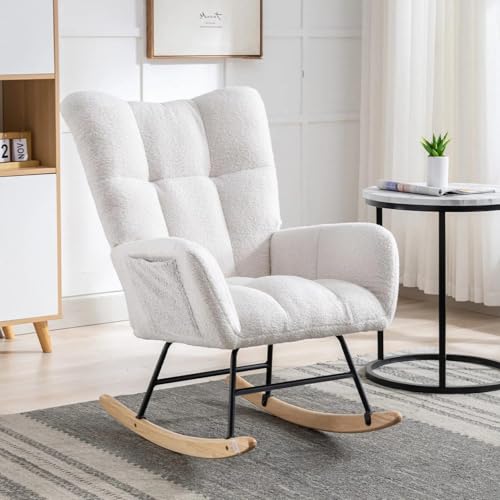 Image of ETCZOYE Nursery Rocking Chair Teddy Upholstered Glider Rocker Rocking Accent Chair with High Backrest Armchair Comfy Side Chair for Living Room, Bedroom, Offices (White)