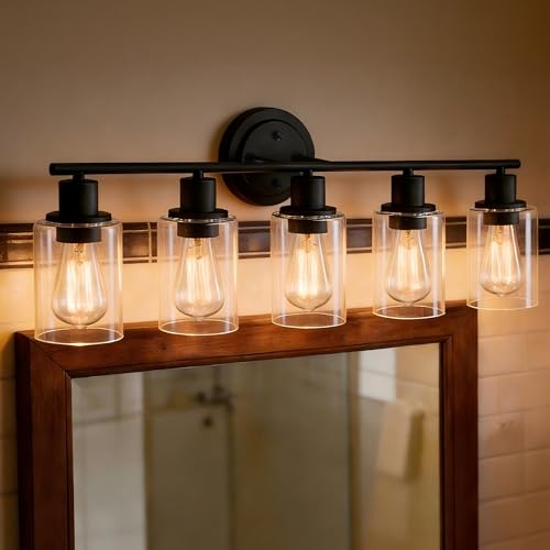 Image of 5-Light Black Bathroom Vanity Light Fixture Over Mirror - 5 Bulb Black Wall Sconce for Bathroom Bedroom Hallway Wall Mount Fixture Over Kitchen Sink