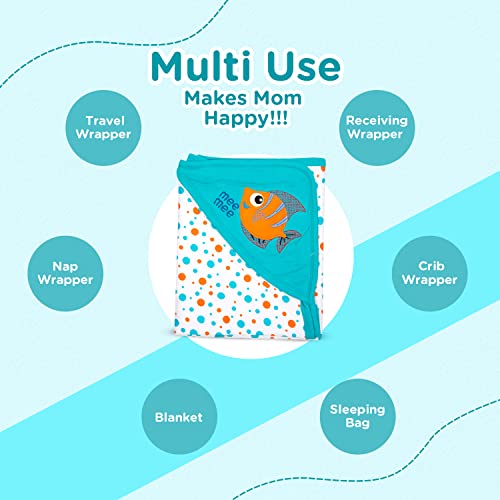 Image of Mee Mee 100% Soft Cotton Hooded Baby Wrapper Cum Warmer, Blanket with Hood for New Born Baby 0 to 6 Months (Blue)