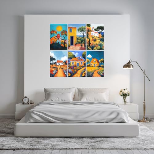 Image of SiddArtify Colorful House Wall Art Prints Set - Whimsical Landscape Poster Decor for Living Room Bedroom Office - 8x12 Sticker Pack of 6