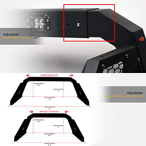Stehlen 642167842477 Universal Adjustable Truck Bed Chase Rack Roll Bar with 3rd Third Brake Light & 2x LED Work Lamps Bars & 6x Amber Side Marker - Matte Black