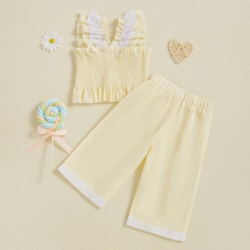 Emmababy Toddler Linen Outfit Girl Camisole Smocked Top and Linen Pants Baby Bell Bottoms Wide Leg Set Kids Beach Clothes3