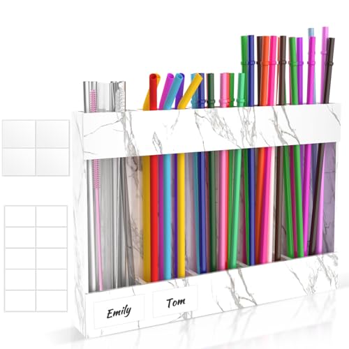Rycid 9.8” Large Acrylic Straw Holder for Cabinet Door with Ultra Sticky Adhesive Squares and Stickers, 2025 Reusable Straws Organizer Storage Dispenser for Kitchen Counter Cupboard(Marble Color)