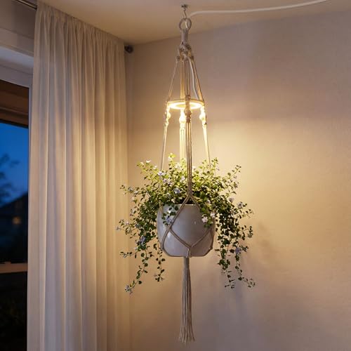 Lazukes Hanging Plant Grow Lights for Indoor Plants with Timer Wall Mounted Full Spectrum Pendant Growing Light with Macrame Plant Hanger Ceiling LED Planta Luz for Potted Plants Home Decor