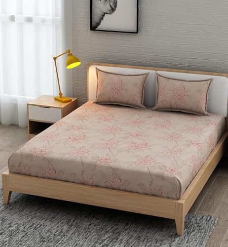 Image of 350 TC Premium Heavy Cotton Feel Elastic Fitted Bedsheet King Size with 2 Pillow Covers || Double Bed with All Around Elastic (Petal Pulse, Fitted - Double72x72)