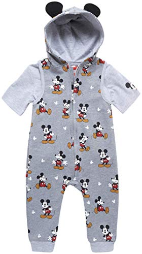 Disney Baby Boys' Mickey Mouse 2 PC Hooded Coverall Romper & Short Sleeve T-Shirt Set (Newborn/Infant), Size 0-3, Heather Grey Mickey