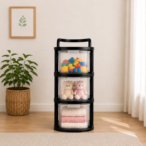 Image of SR 3 Layer Plastic Storage Drawer with Wheels | stackable storage cabinet for Bedroom, Office, Home | Utility storage drawer Organiser for Cosmetics, Kitchen,Toys | multipurpose home storage Organizer