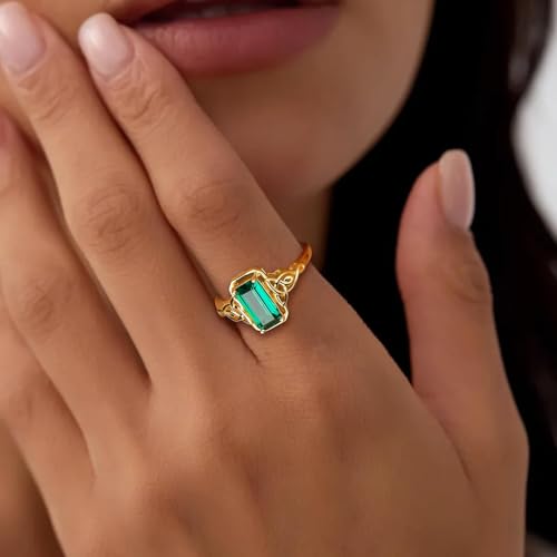 Celtic Knot Ring Sterling Silver 14K Yellow Gold Plated Lucky Trinity Emerald Cut Engagement Rings Amethyst/Peridot/Aquamarine/Ruby/Blue Topaz/Green Emerald/Sapphire Solitaire Signet Ring for Women3