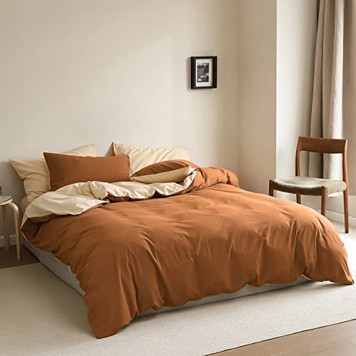 Enipate Reversible Burnt Orange & Cream Queen Duvet Cover Set,3Pcs Double Washed Microfiber Bedding Set With Zipper Closure - 1 All Season Soft Comforter Cover And 2 Breathable Pillow Shams #TOP1