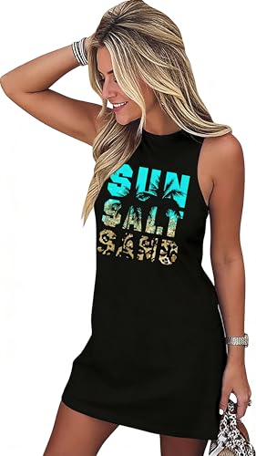 Image of Sun Salt Sand Coconut Tree Tank Mini Dress for Women Sleeveless Beach Praty Shirts Summer Vacation Short Mini Dresses
