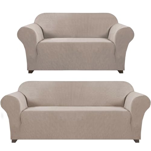 Stretch Loveseat Cover Bundles Sofa Slipcover, Furniture Protector, Plaid Pattern, Removable and Washable, Sand