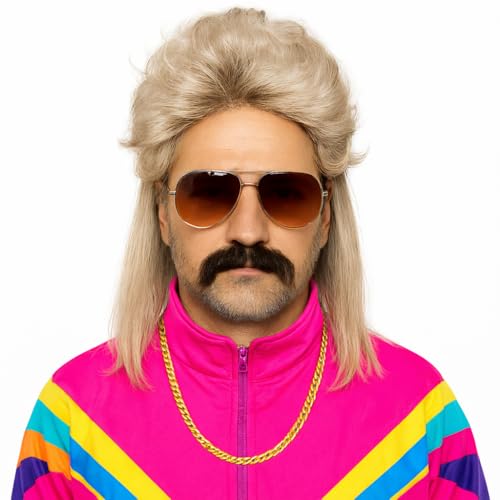 Vokuhila Assi Peruca Acessório retro para homem, fantasia dos anos 80 e 90, fato de néon, carnaval e carnaval (prata/cinza)