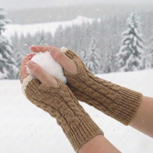 Image of Kraptick Women's Cable Knit Fingerless Gloves - Winter Arm Warmers with Elegant Lace Trim & Thumb Hole - Soft Woolen Thermal Half Finger Mittens for Typing, Driving & Office Work (Free Size, khaki)-1