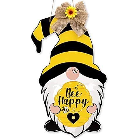 Zingoetrie Bumble Bee Gnomes Door Sign Bee Gifts Yellow & Black Wood Door Hanger Bee Happy Home Farmhouse Wreath Attachment Spring Front Door Decorations Hanging Porch Accessories Cover