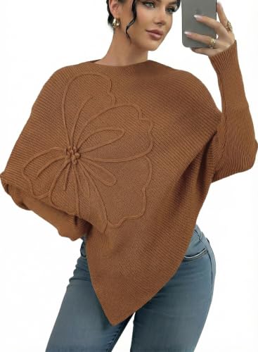 Dokotoo Womens Long Sleeve Crew Neck 3D Flower Printed Sweaters Brown M
