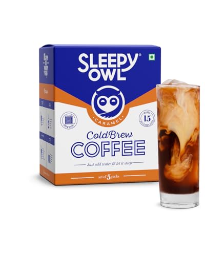 Image of Sleepy Owl Caramel Cold Brew Coffee Bags | Set of 5 Packs - Makes 15 Cups | Easy 3 Step Overnight Brew - No Equipment Needed | Medium Roast | 100% Arabica | Directly Sourced From Chikmagalur