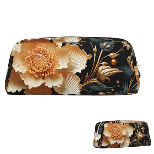 FZQVSLCM 筆箱 レザー ペンバッグ トラベル メイクバッグ ゴールドフラワー ブラック 洗面用品バッグ ポータブル コスメバッグ 小銭入れ, シルバー, One Size