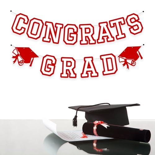 Image of Congrats Grad Banner Graduation Party Banner Decoration Hanging Garland High School College Backdrop Supplies Red White