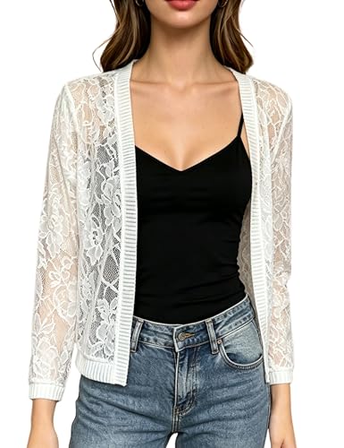 Image of FindThy Women's Casual Summer Lace Cardigan Open Front 3 /4 Sleeve Solid Lace Shrug Cover Up