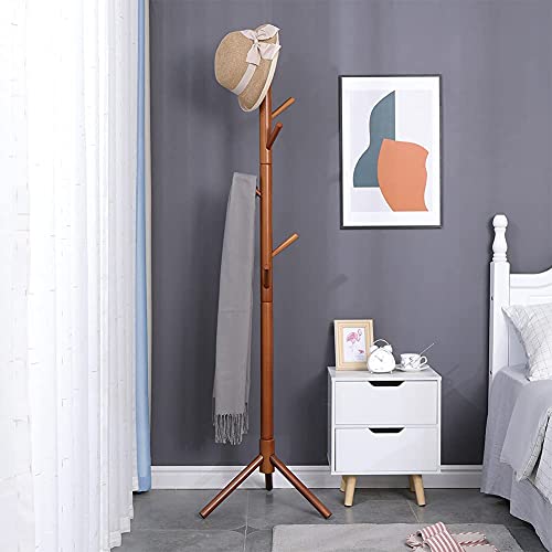 Image of Ginoya Brothers Wooden Coat Rack, Freestanding Hall Tree with Hooks Easy to Assemble Suitable for Children and Adult, Hat Clothes Rack Stand for Bedroom Office Entrance. (92-2 Walnut)