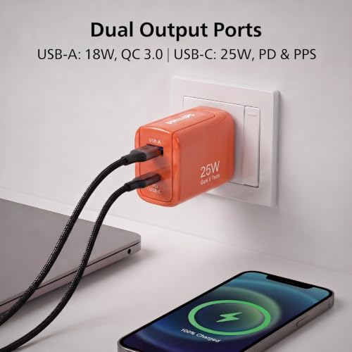 Image of Philips DLP4321NO /94 Gen III Tech 25W Fast Charging Wall Charger (Coral Reef) | USB-C PD + USB-A | 2-Port Multi-Device Charger for Smartphone, Tablet, Earbuds & Accessories | Compact Travel Adapter