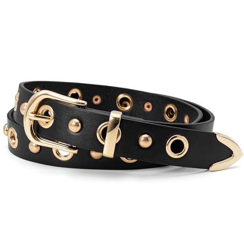 Image of Grommet Belt Women, Black Studded Belt Adjustable for Teens | Faux Leather, Single Grommets, Fashion Aesthetic Y2K Punk Goth Belt Accessory, For Jeans /Pants /Skirts