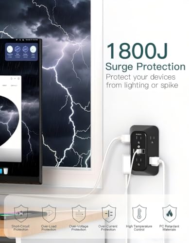 Image of Addtam 6-Outlet Extender Surge Protector, Multi Plug Wall Outlet with 4 USB Wall Charger(2 USB C Ports), Plug Extension Outlet with 1800J, Outlet Splitter Power Strip for Home Office, 2 Pack, Black