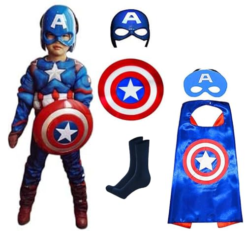 Image of Superhero dress for kids boy | mask shield + cape super hero costume function party fancy dress (2-8 years olds kids