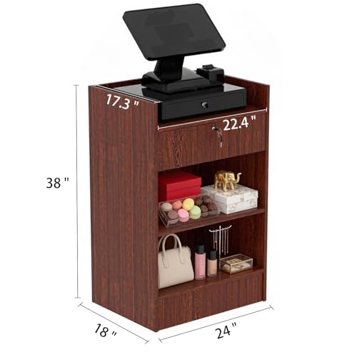 Image of 24 inchW * 18 inchD * 38 inchH - Cash Register Stand,Cash Wrap Checkout Desk Counter Stand with Drawer & 2 Tiers Storage for Church, Retail Store, Debate, Shopping Mall (Walnut)