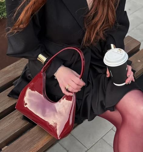 Image of Patent Leather Hobo Shiny Handbags Cute Evening Clutch Armpit Shoulder Bag Crescent Purse