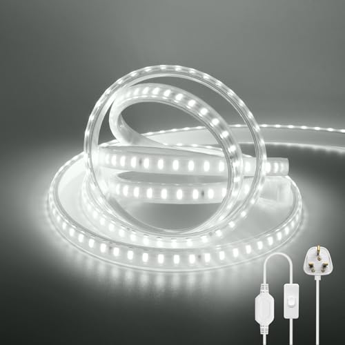 KAFULA - 220V Flexible LED Strip Light with On/Off [27m, White Light 6000-6500K], SMD2835 IP65 Waterproof LED Fairy Lights, 120 LEDs/M Cuttable LED Rope Light CRI85+, Home/Store Decoration