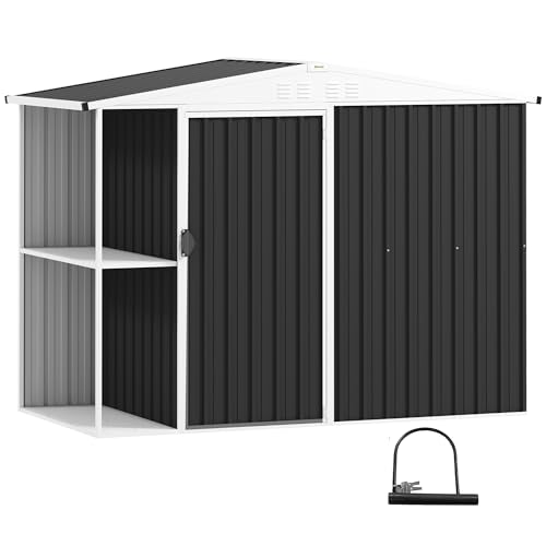 Outsunny Caseta de Jardín Exterior 2,7m² 245x117x180 cm Cobertizo de Jardín Exterior con Estante de 2 Niveles 4 Ventilaciones y Puerta con Cerradura Cobertizo para Terraza Patio Gris Carbón